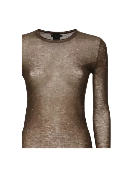Sweter Pinko wełniany z długim rękawem z cekinami brązowy