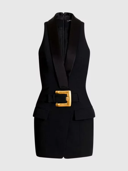 Шерстяное платье мини Balmain черное