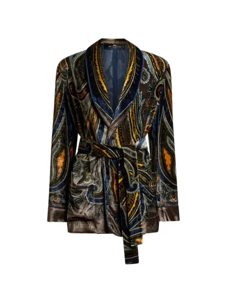 Cu centură geacă Etro de catifea cu model paisley maro