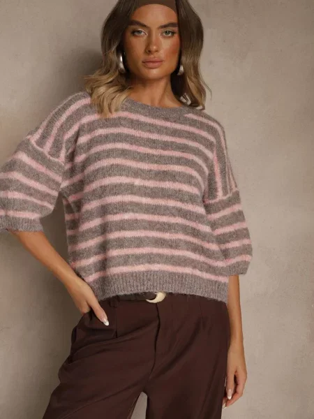 Sweter z Wełną Ozdobiony Paskami i Bufiastymi Rękawami Rilesse brązowy