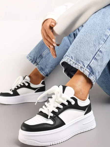 Sneakerși Alb-Negru cu Carâmb Înalt cu Multiple Inserții pe Talpă Groasă Lenarise alb