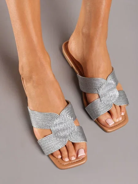 Sandale cu talpă plată și zirconiu Tinena argintii