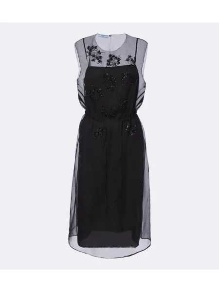 Rochie midi Prada de mătase cu model floral cu aplicații negru