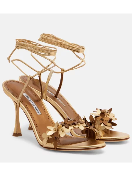 Sandale Manolo Blahnik din piele cu model floral auriu