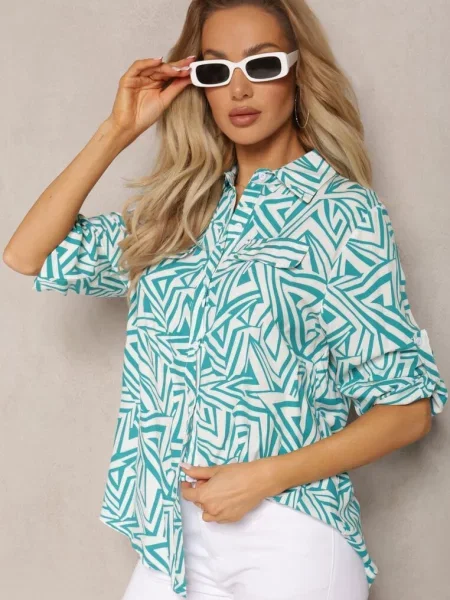 Zielono-Biała Koszula z w Geometryczny Print Jacelyn biała