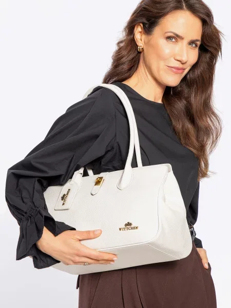 Skórzana torebka shopper z chwostem złamana biel biała