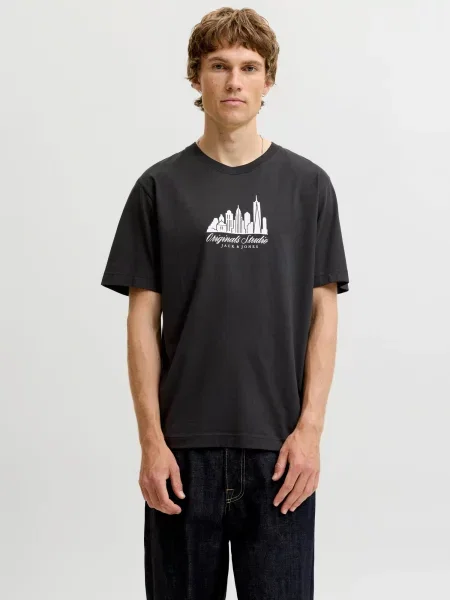 JACK & JONES Tricou JORNORREBRO SKYLINE negru alb