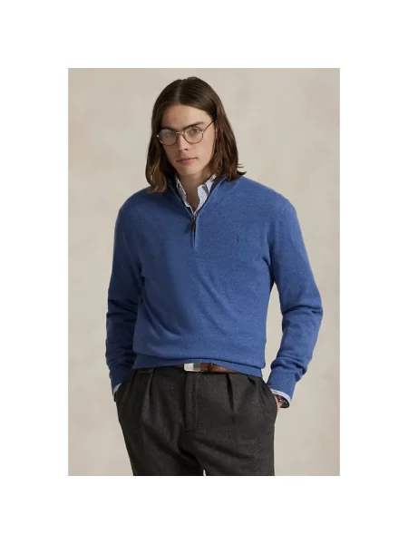 Sweter Polo Ralph Lauren wełniany z dekoltem w serek niebieski