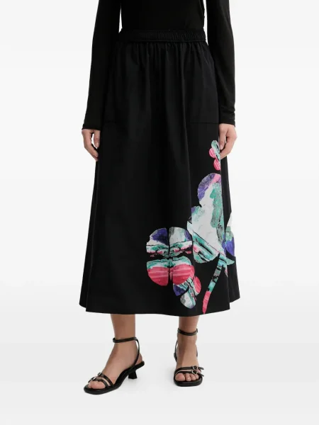 Fustă midi Desigual cu model floral cu imagine până la genunchi negru