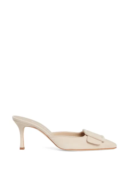 Papuci tip mules Manolo Blahnik din piele de căprioară cu cataramă