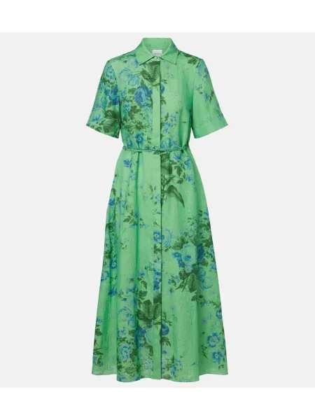 Rochie tip cămașă Erdem de in cu model floral verde