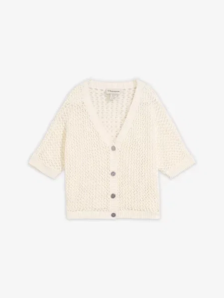 Sweter rozpinany w ażurowy wzór z dodatkiem lnu biały