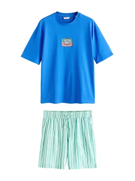 Next Pijama scurtă deschis / albastru regal / verde smarald / verde mentă bej