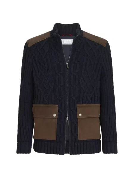 Cardigan Brunello Cucinelli din piele de căprioară cu pene albastru