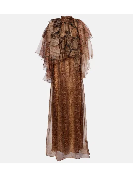 Svilena obleka Zimmermann z volani rjava