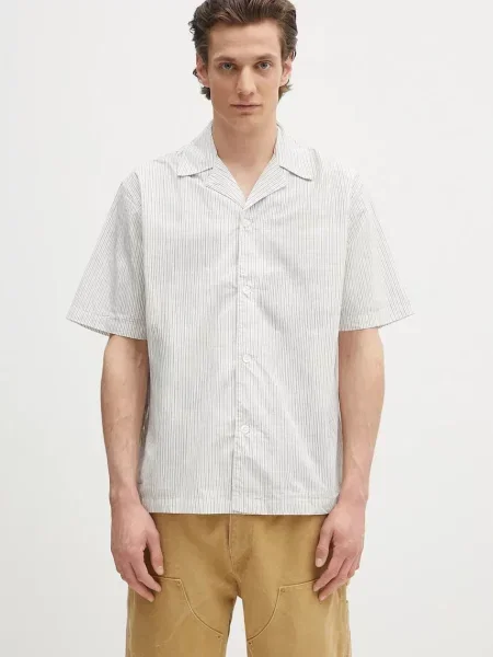 Norse Projects cămașă din Mads Poplin Stripe SS cu guler clasic relaxed alb