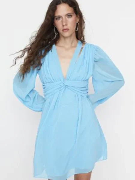 Gulerat rochie mini Trendyol din șifon țesută albastru