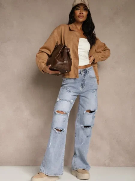Jeansy High Waist Wide Leg z Ozdobnymi Przetarciami i Dziurami Elintyse niebieskie