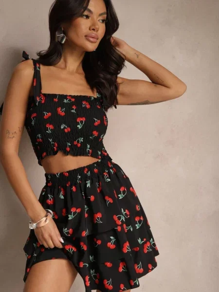 Komplet Top z Kokardkami i Spódnica w Print z Wisienkami Talitora czarny