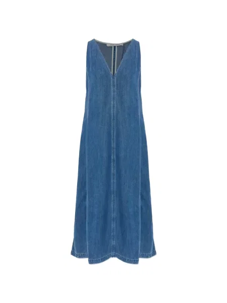 Rochie din denim Samsøe Samsøe fără mâneci cu decolteu în V de costum albastru