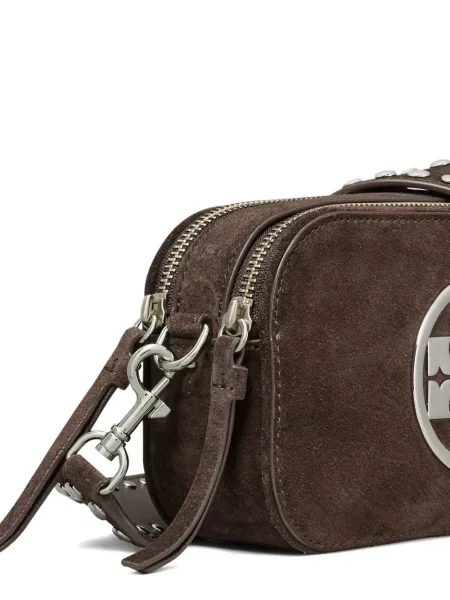 Τσάντα χιαστί Tory Burch σουέτ με καρφιά καφέ