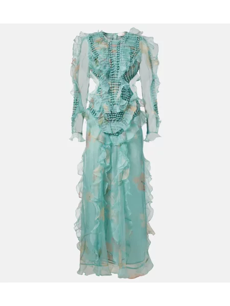 Jedwabna sukienka maxi Zimmermann z falbankami garniturowa niebieska