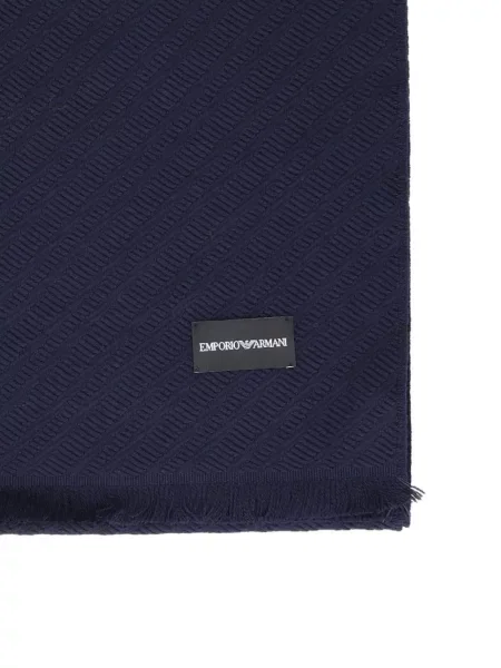 Вълнен шал Emporio Armani с ресни с десен рибена кост синьо