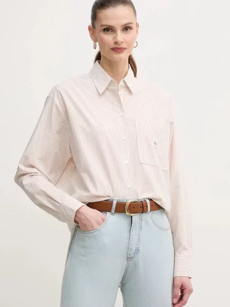 Риза Calvin Klein Jeans дамска розово със свободна кройка с класическа яка бежово