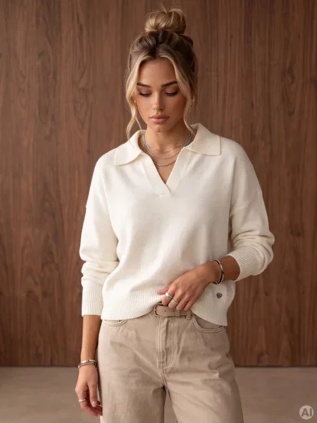 Sweter z kołnierzykiem polo ecru Dstreet