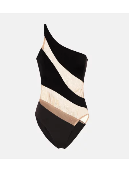Strój kąpielowy Norma Kamali z siateczką w wężowy wzór na jednym ramieniu czarny
