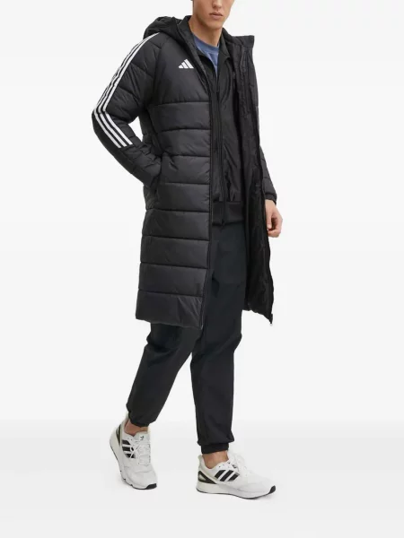 Geacă cu puf Adidas din piele de căprioară cu dungi cu glugă albastru