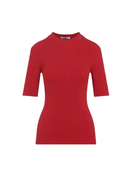 Sweter Prada wełniany z logo z krótkim rękawem czerwony