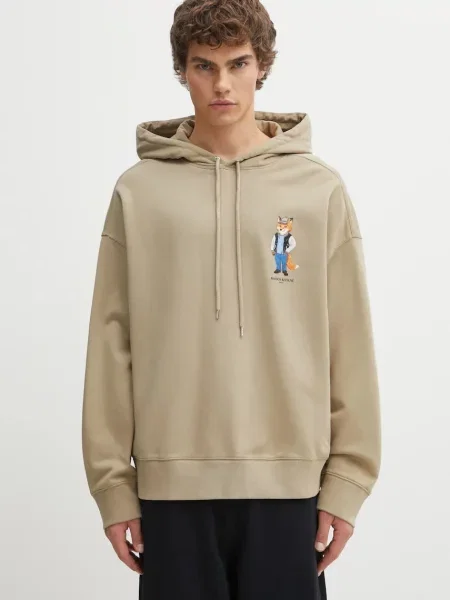 Maison Kitsuné hanorac de Dressed Fox Oversize cu glugă cu imprimeu bej