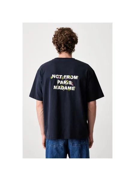 Drôle de Monsieur Vine Embroidered Slogan T-shirt niebieska