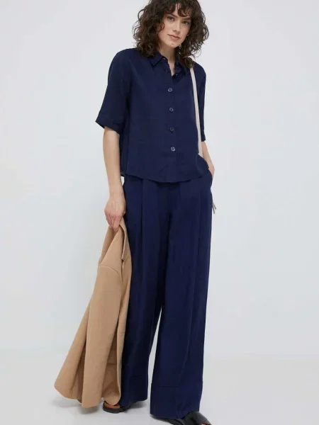 Сорочка з льону United Colors of Benetton relaxed класичний комір синій