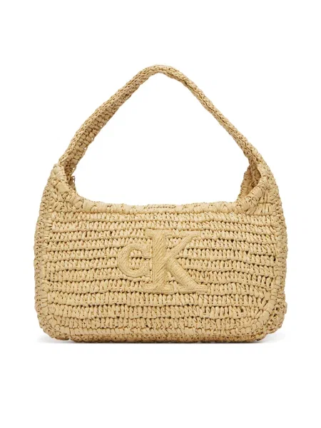 Geantă Calvin Klein Bold Ck Raffia Sm Shoulder Bag Maro bej