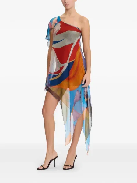 Rochie Donde Esteban de mătase cu model floral cu un umăr gol roșu
