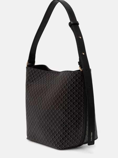 Geantă Calvin Klein Emblem Aop Medium Bucket negru