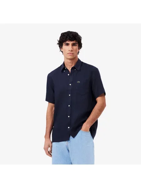 Lacoste Koszula Lniana Z Krótkim Rękawem Lacoste granatowa