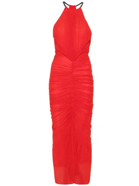 Rochie maxi Mugler cu volane cu gât halter roșu