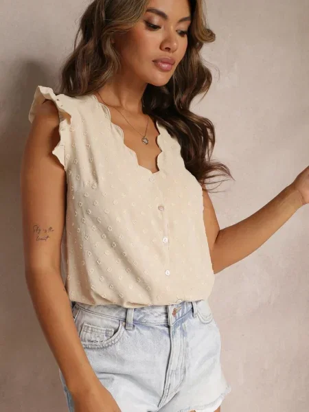 Bluzka Top z Ozdobnym Dekoltem i Falbankami przy Ramionach Briara beżowa