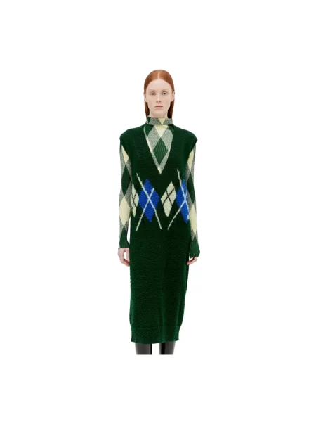 Sukienka Burberry wełniana z wzorem argyle zielona