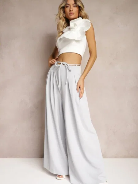 Bleumarin deschis Pantaloni Largi High Waist cu și Șnur în Talie Vikonnia albastru