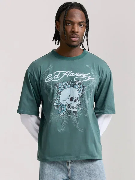 Ed Hardy Tričko Skull mätová / nefritová / čierna biela