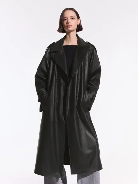 Bershka Trencz Ze Sztucznej Skóry Kobieta M czarny