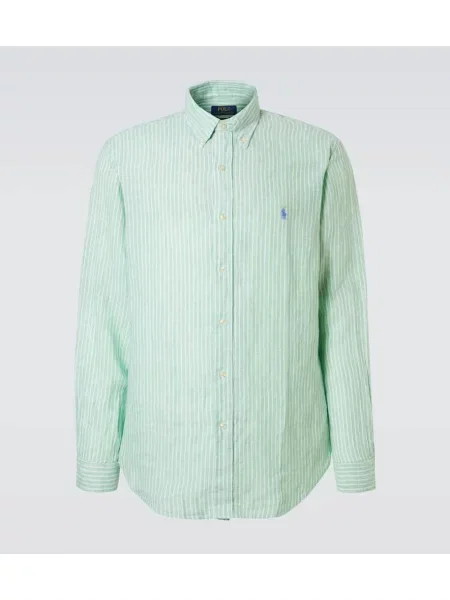 Lněná pruhovaná košile Polo Ralph Lauren zelená