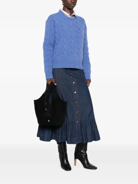 Кожена чанта Polo Ralph Lauren бродирана синьо