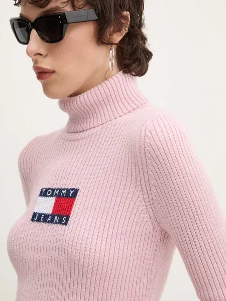 Пуловер с вълна Tommy Jeans дамски с поло розово