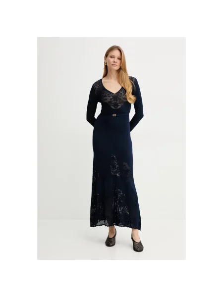 Lniana sukienka maxi Twinset niebieska