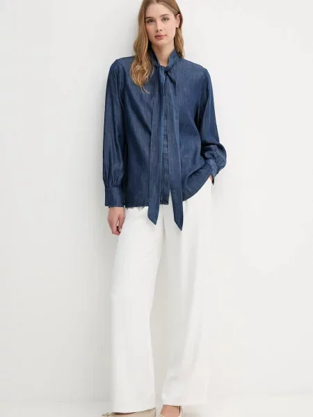 Joop! koszula jeansowa relaxed z wiązanym dekoltem granatowy